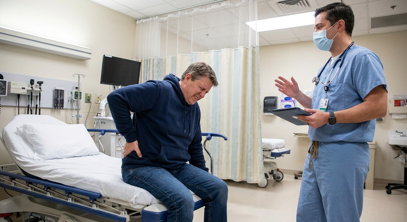 An adult sitting on the edge of a hospital bed holding their side while a clinician speaks with them in an emergency department exam room