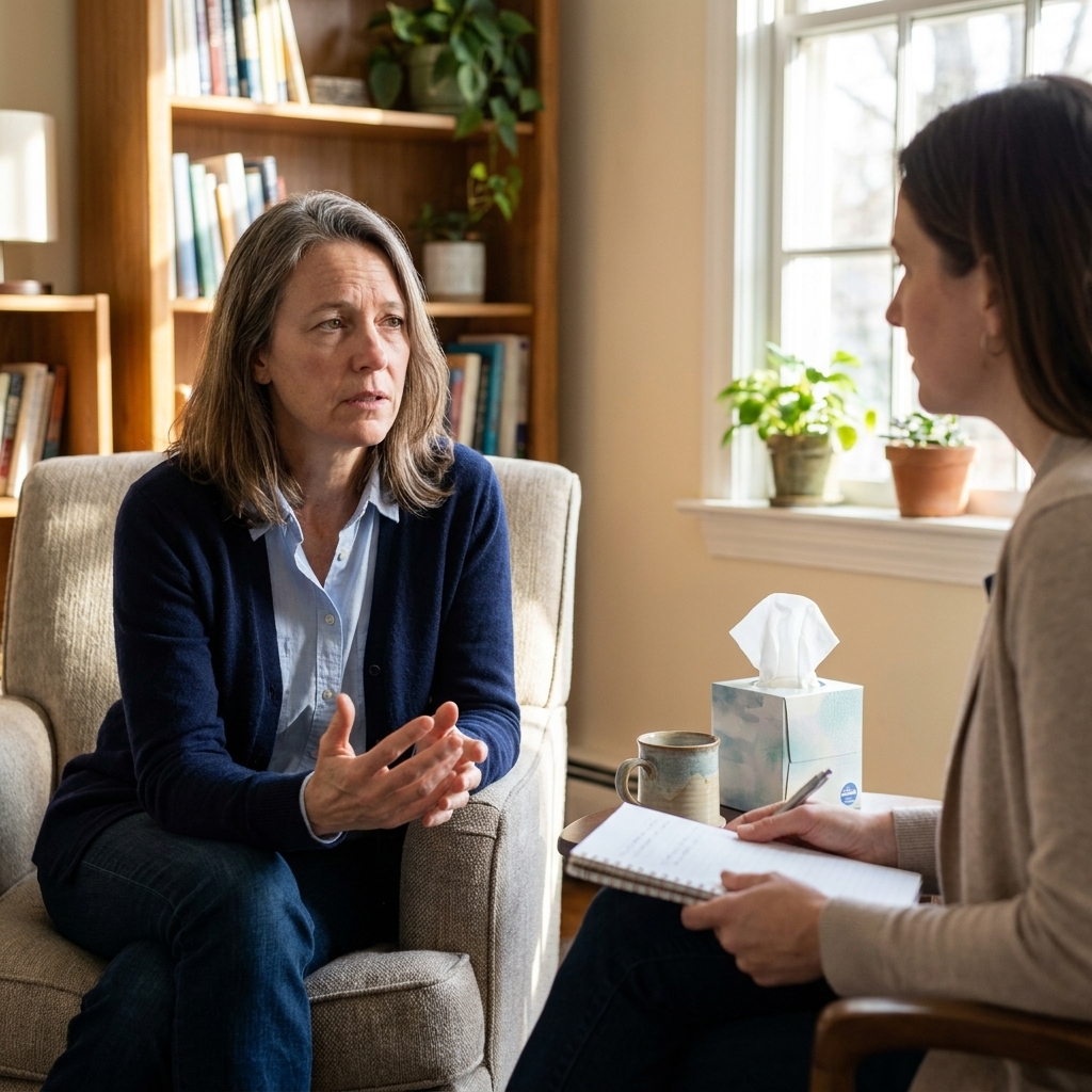 An adult sitting with a counselor in a quiet office, talking through stress after supporting a loved one in crisis