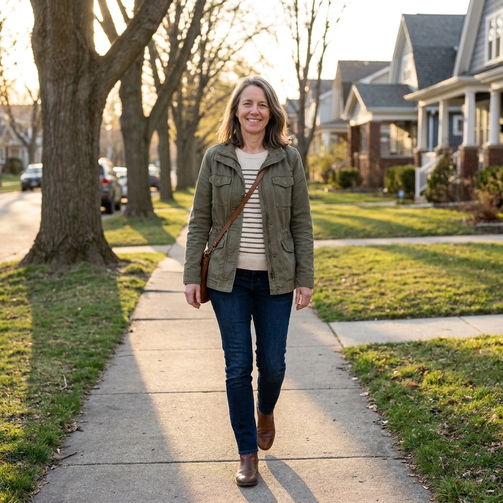 An adult walking at a relaxed pace on a quiet neighborhood sidewalk in the early evening light