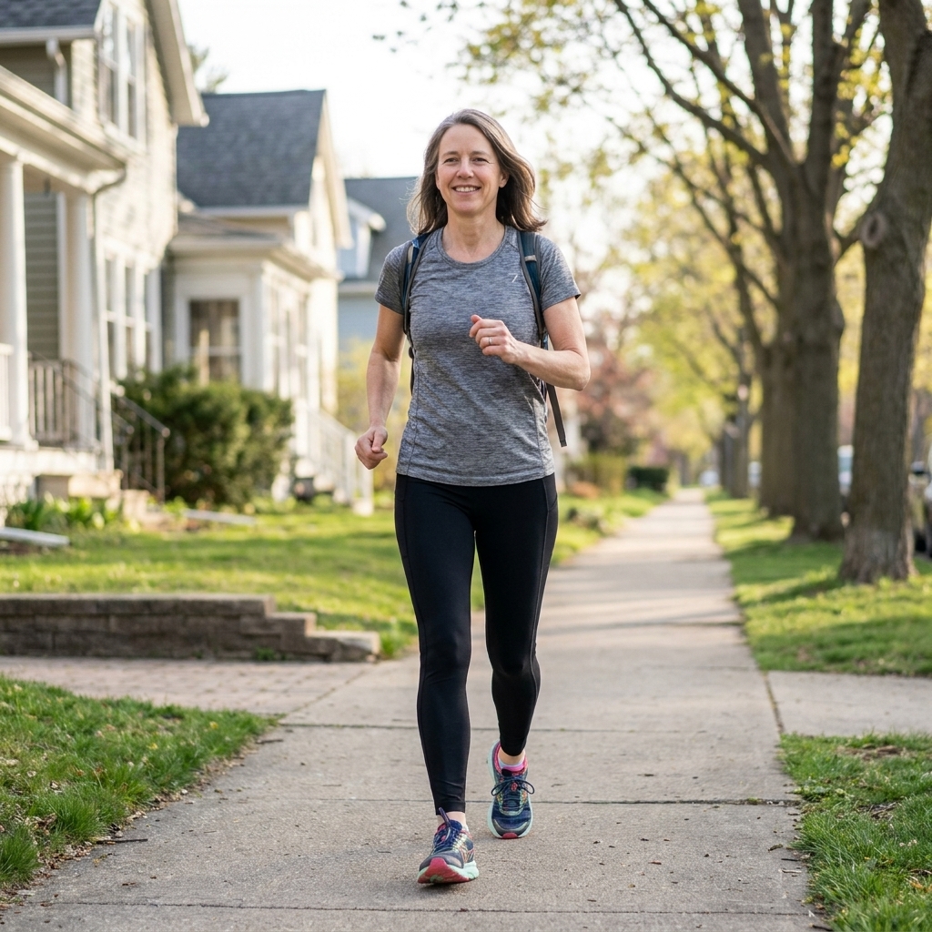 An adult walking briskly on a quiet neighborhood sidewalk in daylight wearing comfortable athletic shoes and casual workout clothes