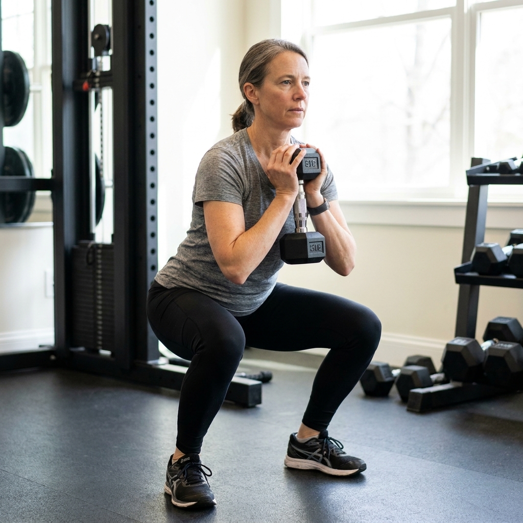 An adult woman performing a controlled goblet squat with dumbbells in a gym, focusing on good form