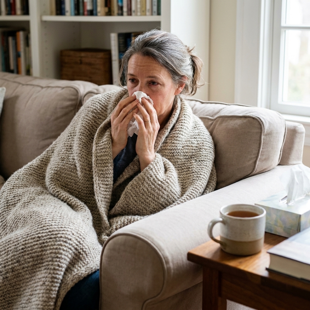 An adult wrapped in a blanket on a couch holding tissues, looking tired with a mug of tea on a nearby table