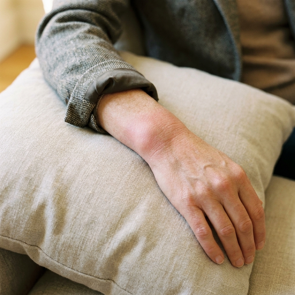 An adult wrist resting on a pillow with visible swelling around the wrist joint