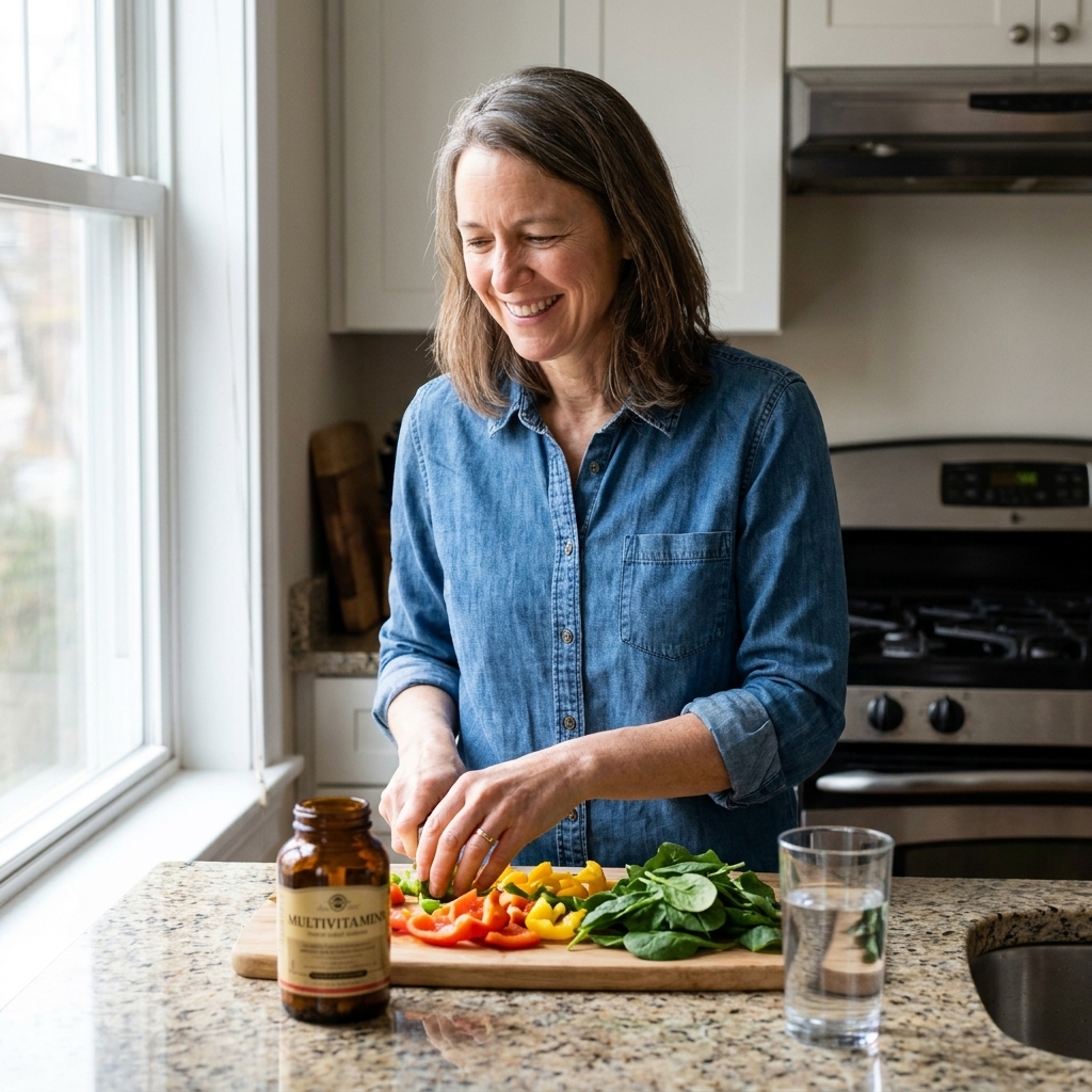 An amber bottle of multivitamins next to a cutting board with fresh vegetables and a glass of water on a kitchen counter