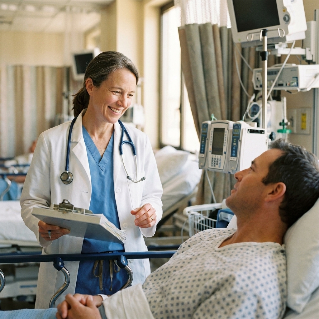 An anesthesiologist speaking with a patient in a preoperative holding area while reviewing a medical chart