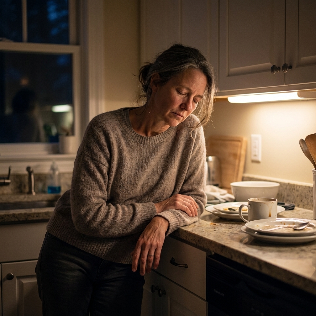 An exhausted adult caregiver leaning on a kitchen counter in the evening while the home is dimly lit, conveying stress and fatigue