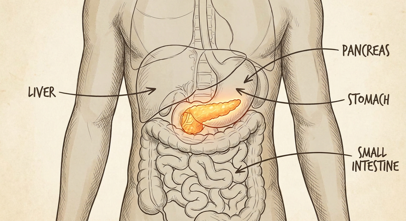 An illustration showing the pancreas location in the abdomen