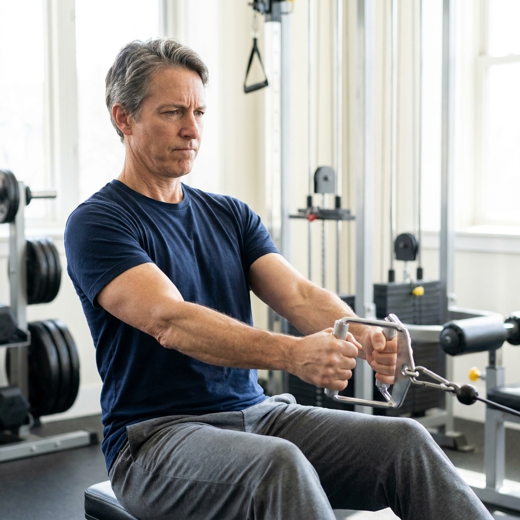 An older adult man performing a seated cable row in a fitness center with a neutral spine and focused expression