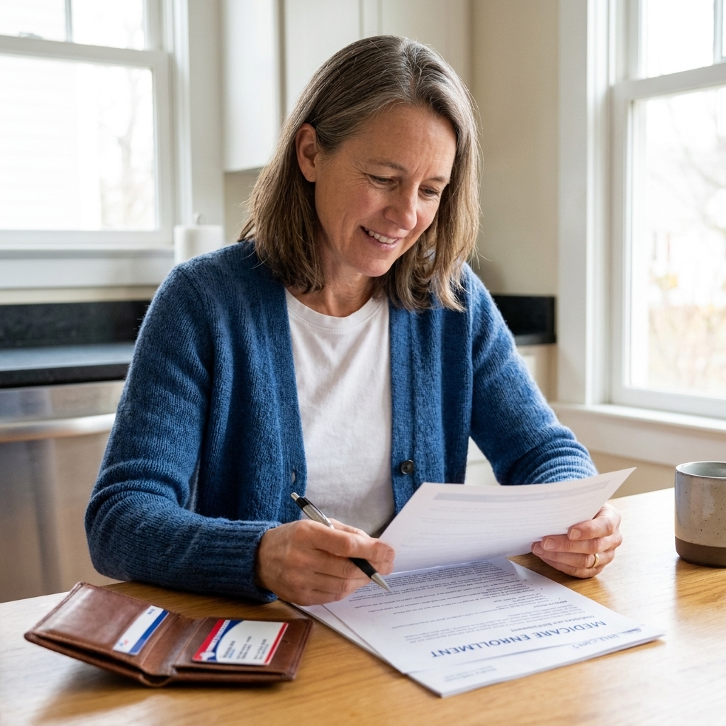 An older adult seated at a kitchen table reviewing Medicare enrollment paperwork next to a wallet holding a red-white-blue Medicare card