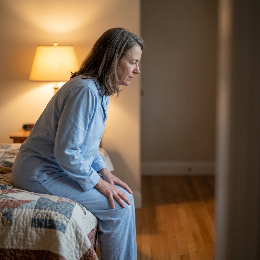 An older adult sitting on the edge of the bed with a lit bedside lamp and a clear walkway, preparing to stand safely, realistic bedroom photograph