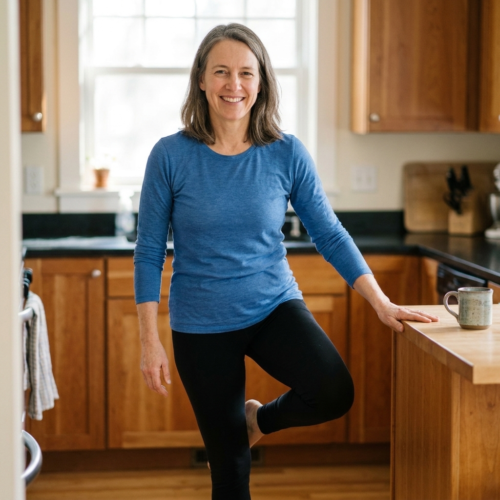 An older adult standing at a kitchen counter doing a single-leg balance exercise with one hand lightly touching the counter for support, realistic home photograph