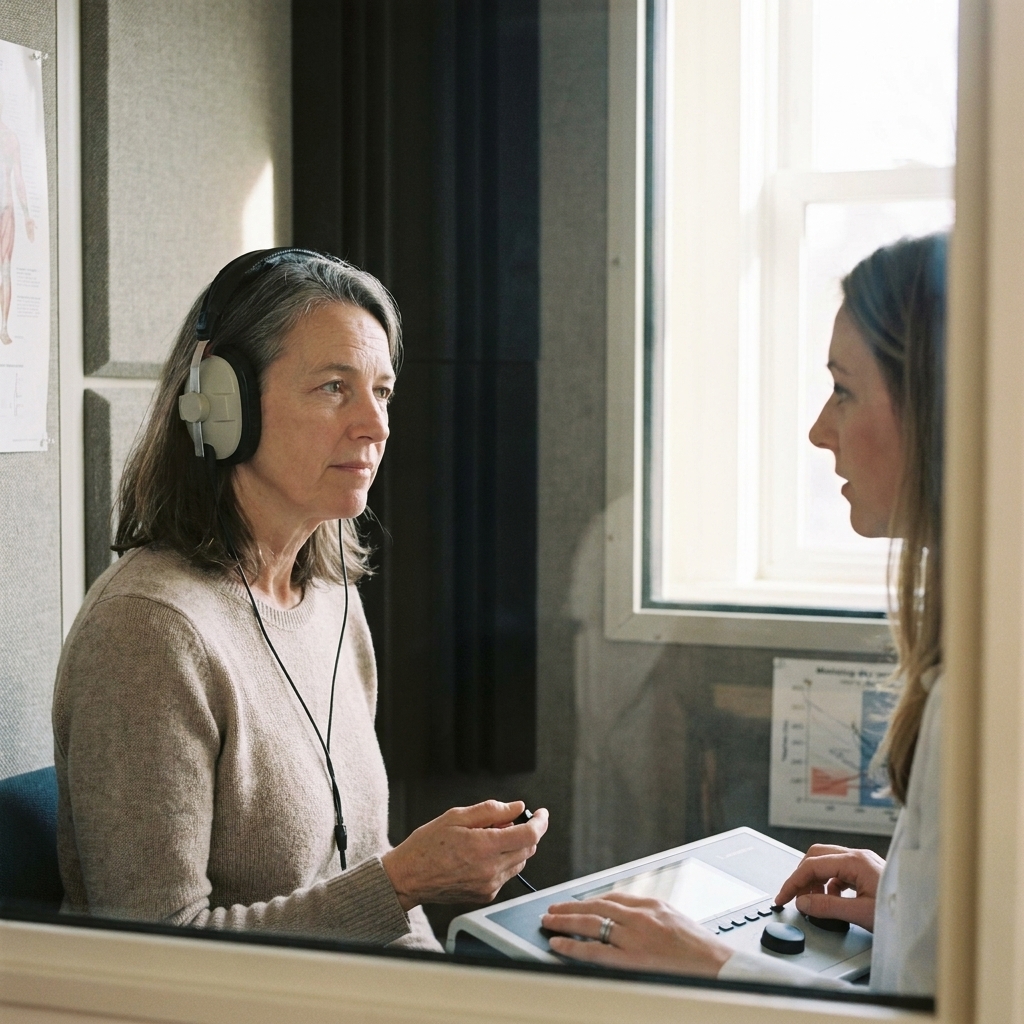 An older adult wearing headphones during a hearing test with an audiologist in a quiet clinic room