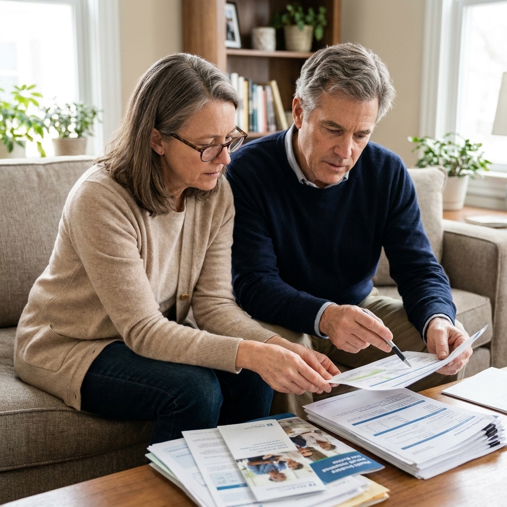 An older couple sitting together on a couch at home reviewing health insurance documents with a calm, focused expression