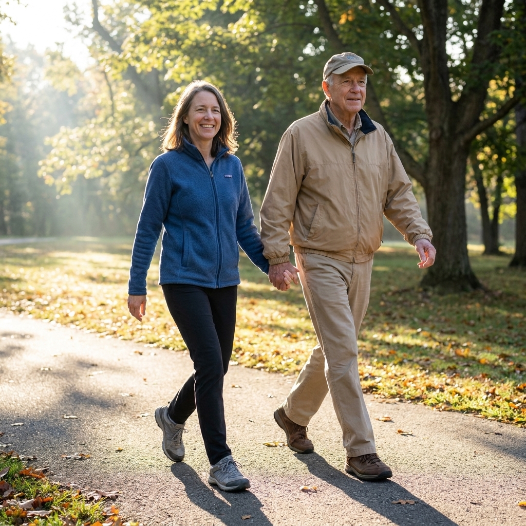 An older couple walking together on a paved park path in the morning, wearing comfortable walking shoes