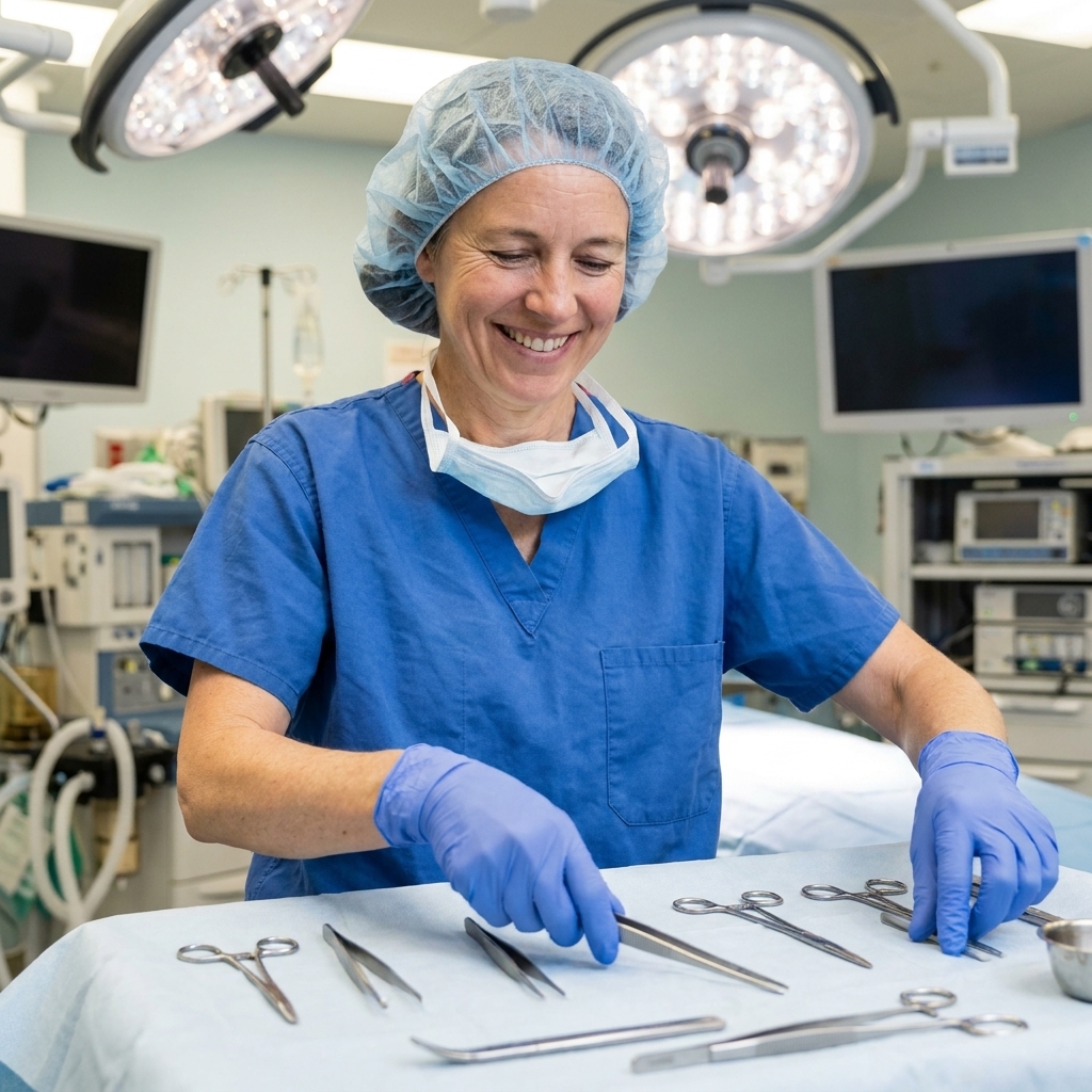 An operating room being prepared with sterile instruments on a tray