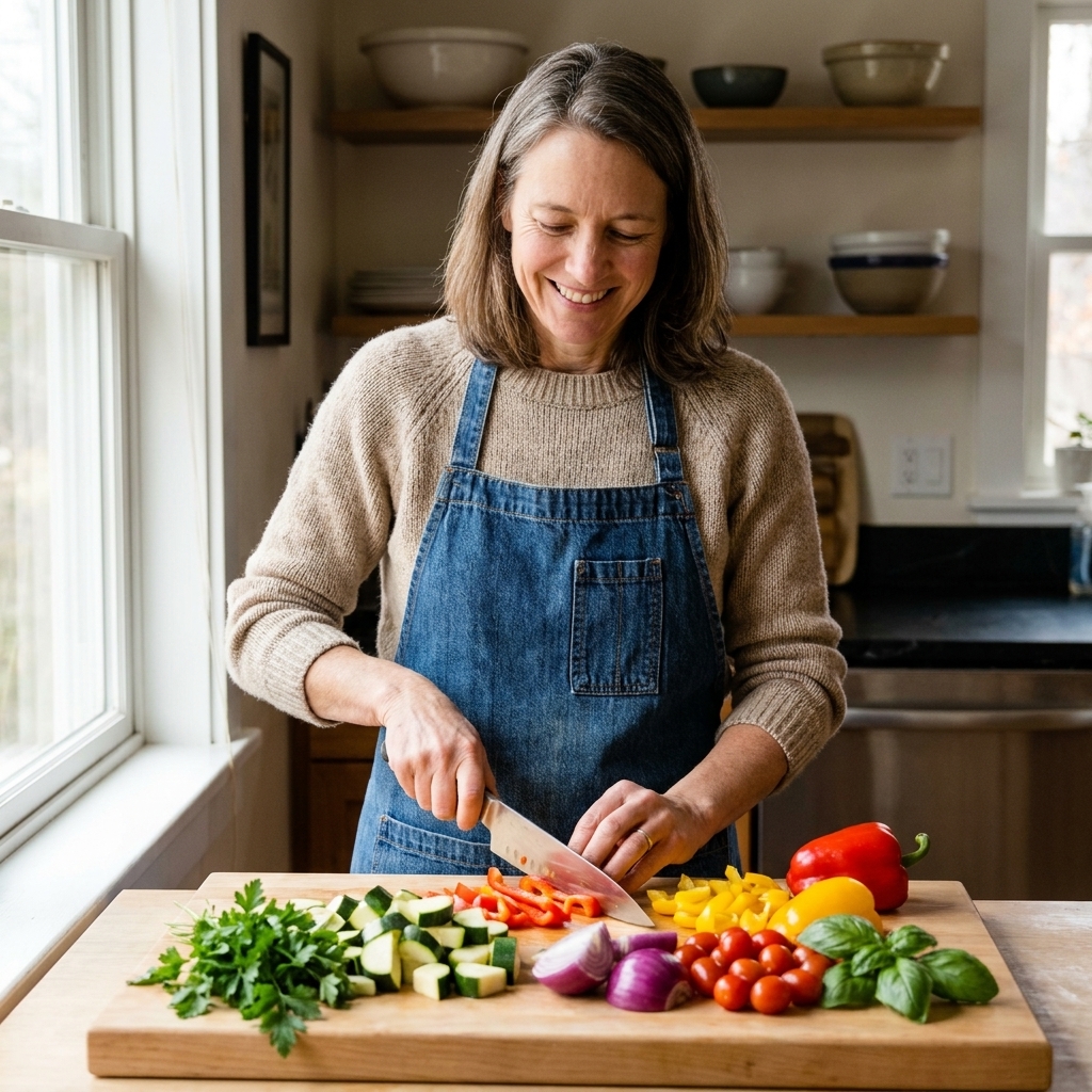 Assorted colorful vegetables and herbs on a wooden cutting board being prepped for cooking