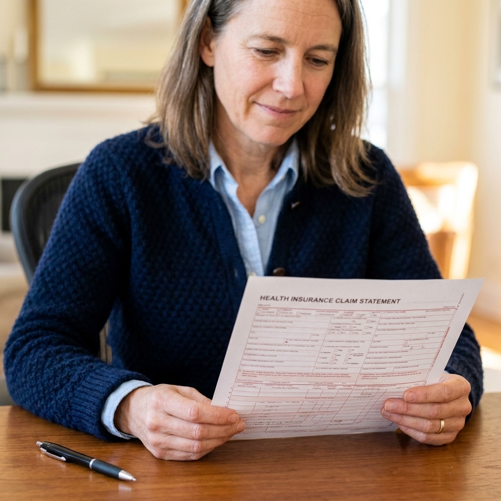 Close-up of a person holding a printed health insurance claim statement while sitting at a desk with a pen nearby