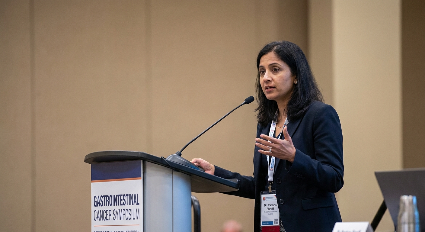 Dr. Rachna Shroff speaking at a medical event, photographed in a professional setting with a neutral background