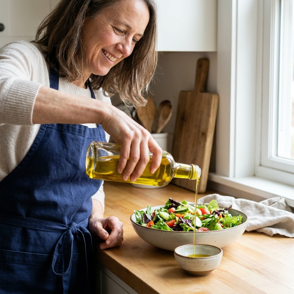 Extra-virgin olive oil being poured from a glass bottle into a small bowl beside a salad on a kitchen counter