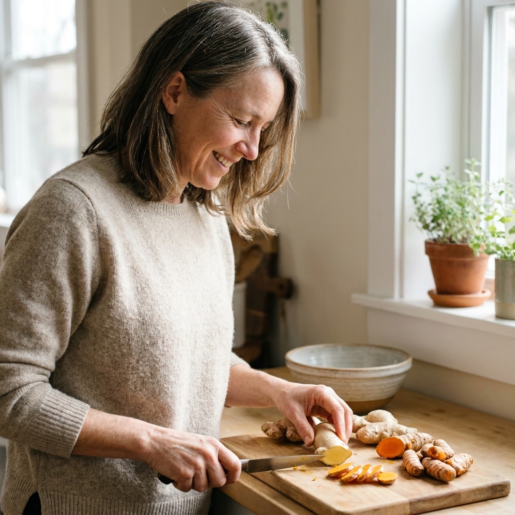 Fresh ginger and turmeric roots on a cutting board in a home kitchen with soft natural light