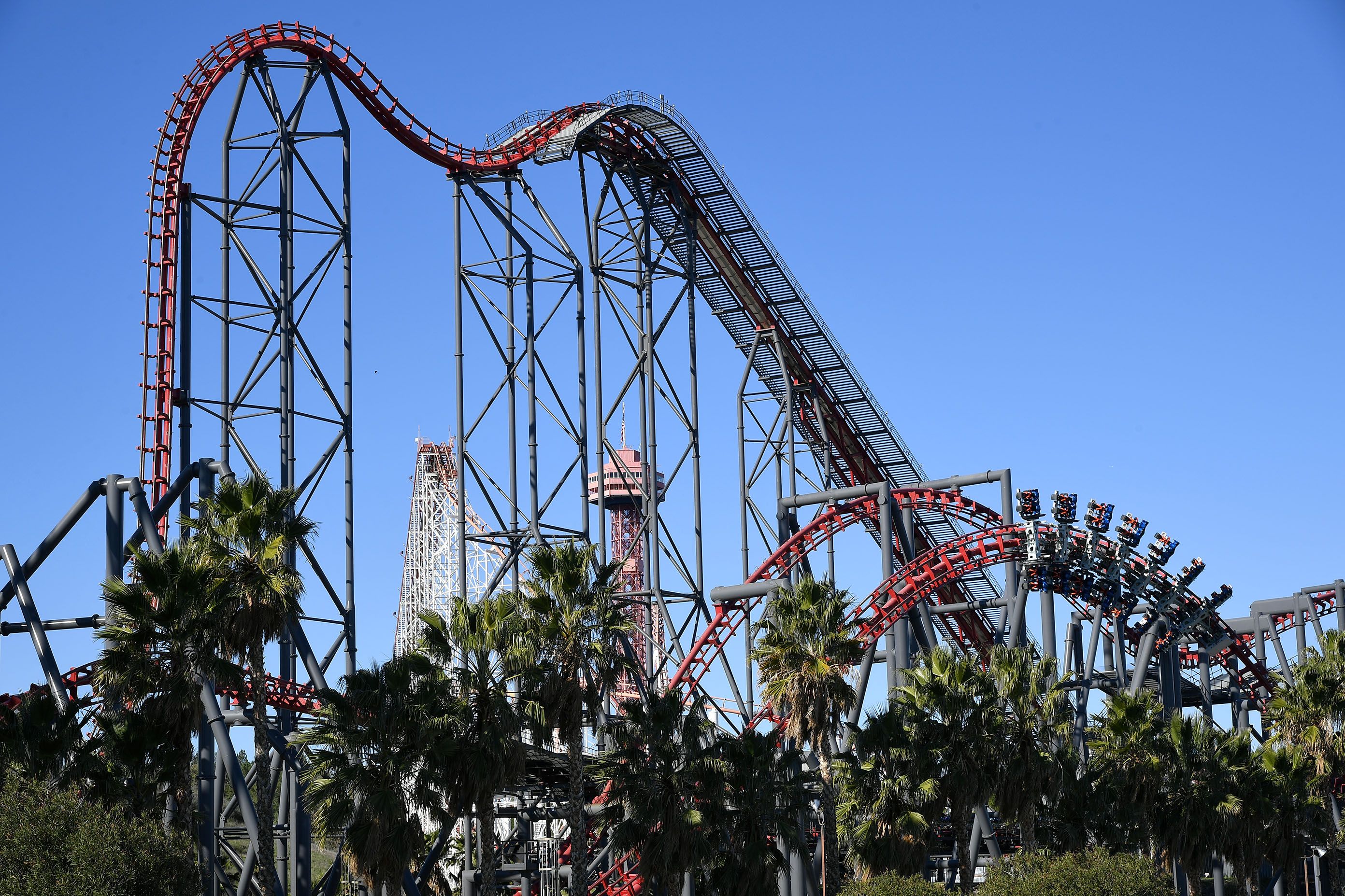 The X2 roller coaster at Six Flags Magic Mountain with seats positioned on either side of the track