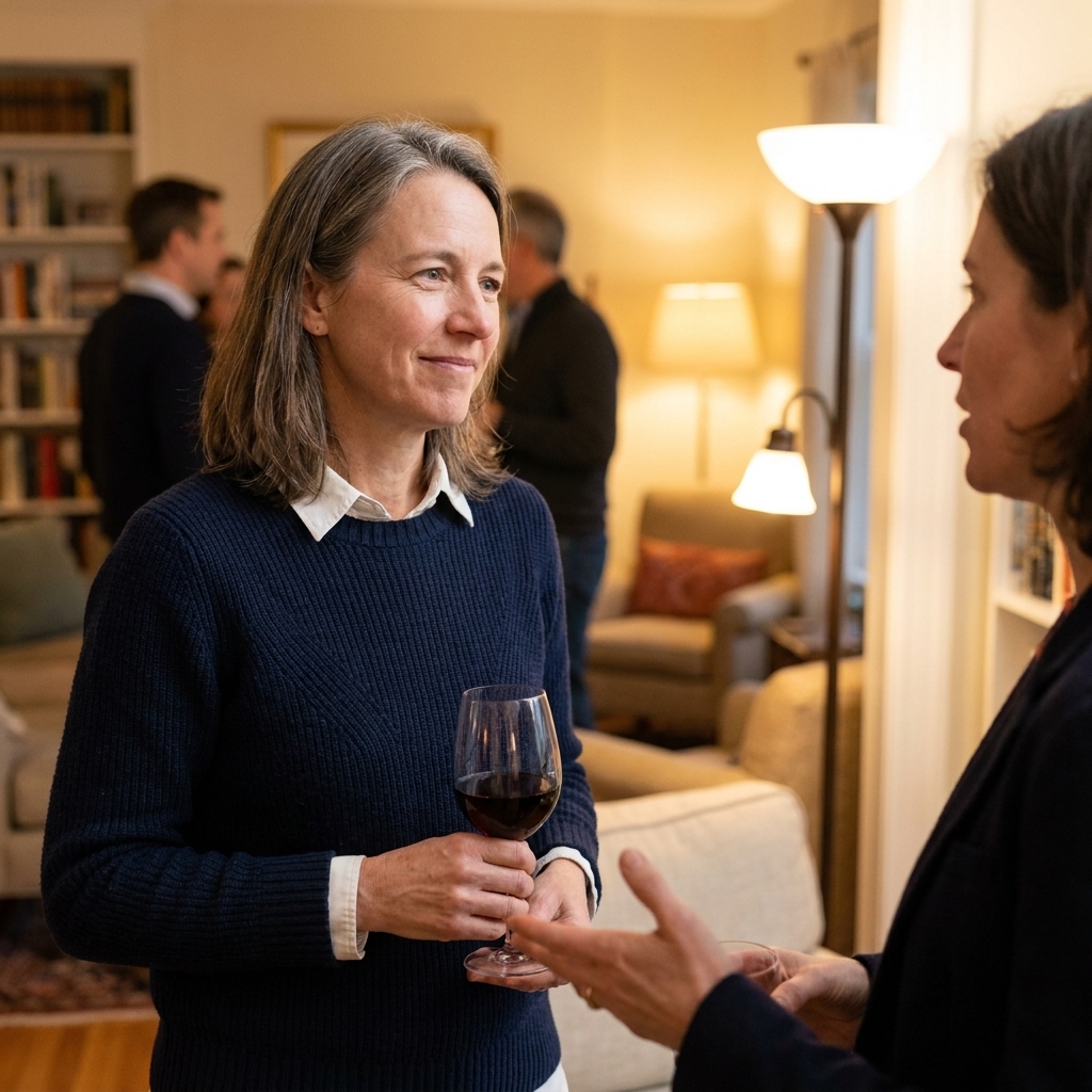 Two adults speaking in a living room during a small gathering, one listening attentively while holding a drink, warm indoor lighting