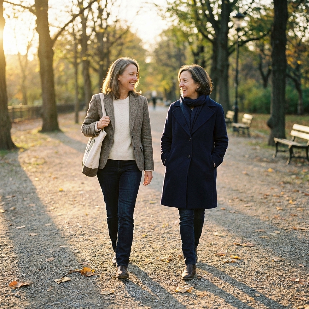 Two friends walking side by side on a park path in the early evening, talking together